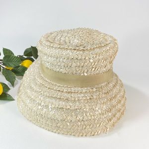 Vintage Straw Woven Wide Brim Cloche Hat Ivory Natural Styled by Abbye Sun hat